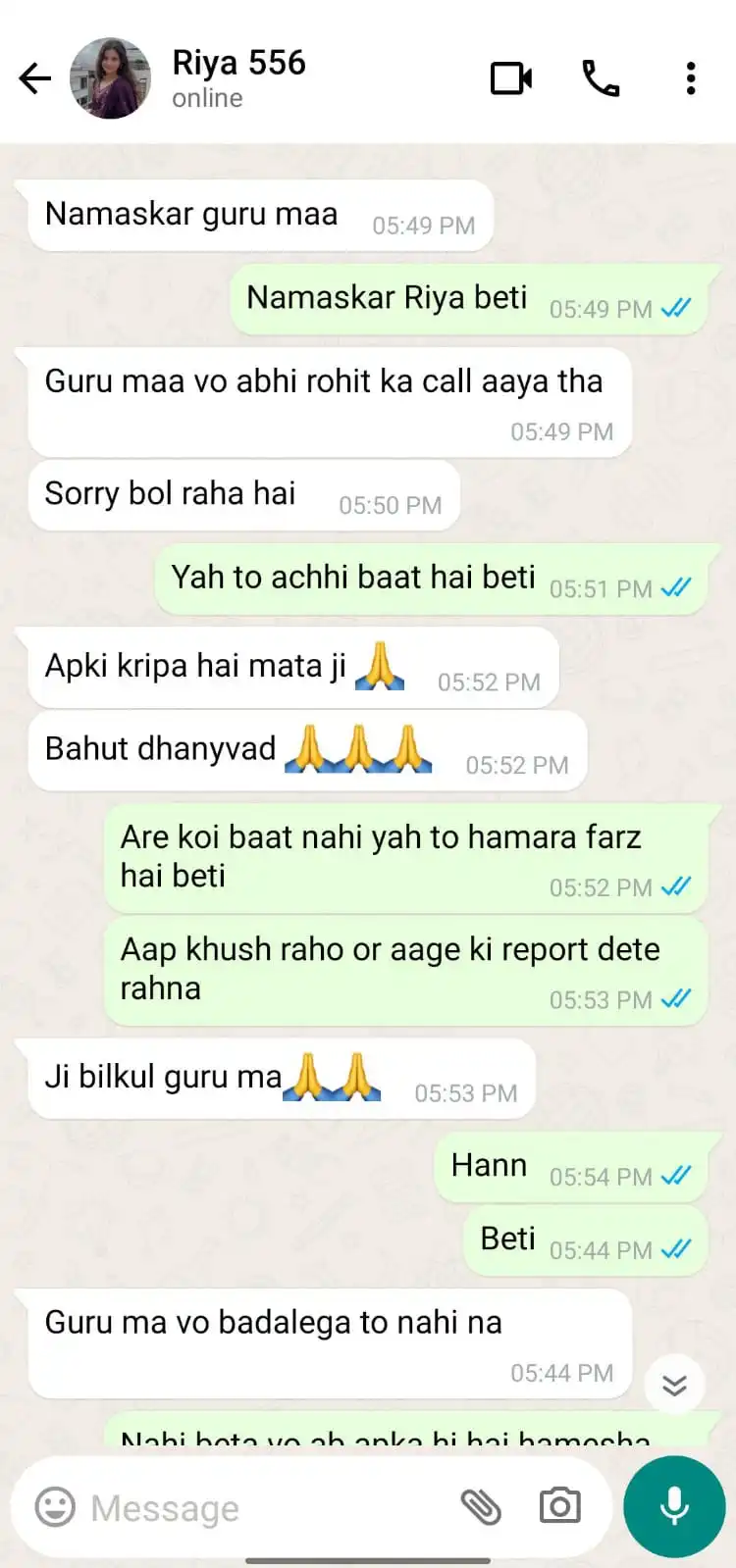 WhatsApp testimonial from client thanking Astrologer Durga Devi for solving love marriage problem